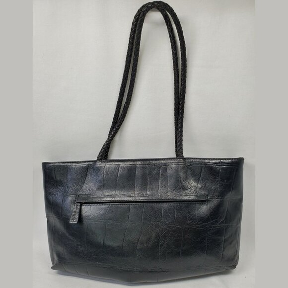 💲⬇️A.Giannetti Black Croc Embossed Leather Shoulder Tote 3 Comp Braided Handles - Picture 7 of 13